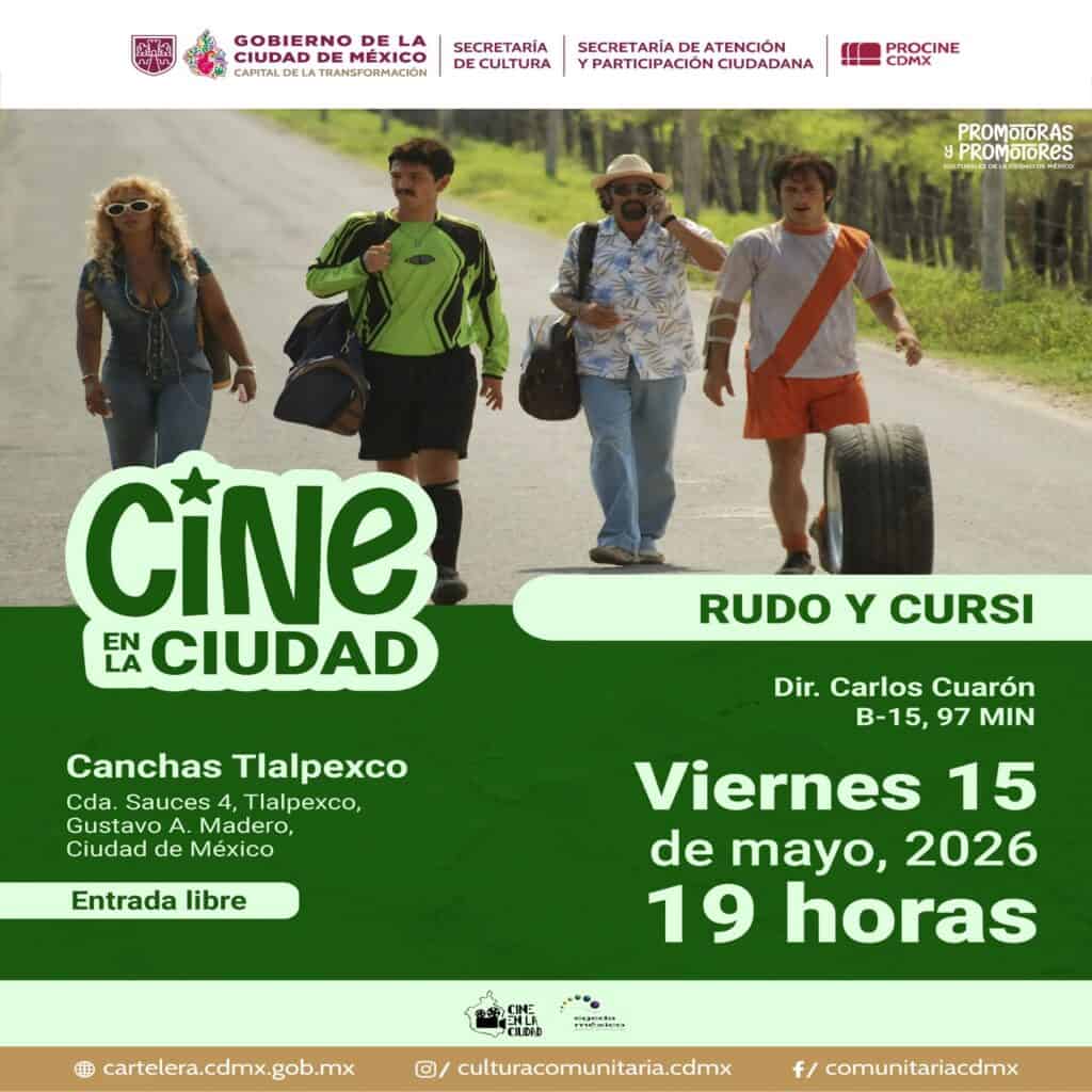Cine en la Ciudad a Tlalpexco presenta función definitiva de Rudo y Cursi en canchas deportivas.