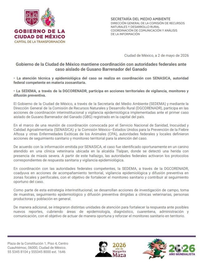 Monitoreo urgente del Gusano Barrenador en CDMX por autoridades sanitarias.